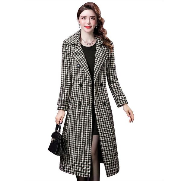 

women's wool & blends autumn winter lattice woolen coat female outerwear fashion length slim overcoat women oversize mother casual wind, Black