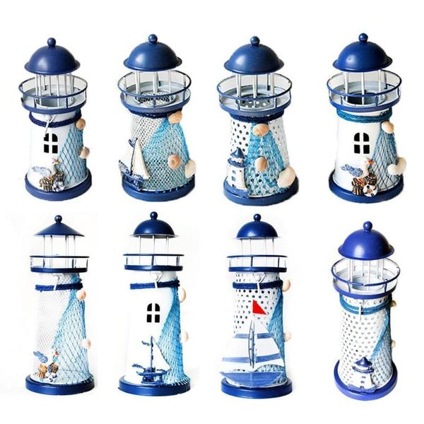 

candle holders mediterranean lighthouse iron holder blue sailing boat candlestick crafts ornaments decoration for home