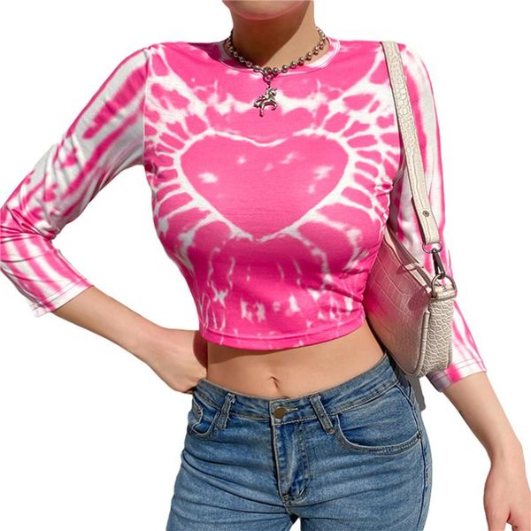 

women's t-shirt women casual long sleeve personality heart tie-dye printing slim fit exposed navel, White