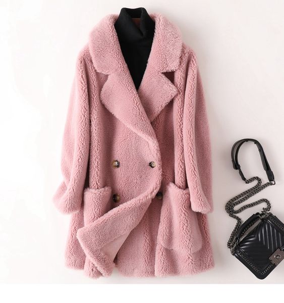 

real fur coat australian womens wool coats thick warm elegant loose large size long outwear winter coat for women, Black