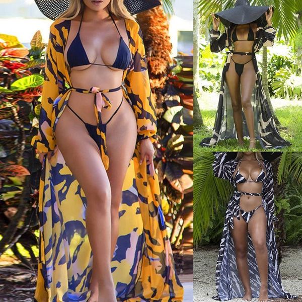 

women's swimwear women beach kimono cardigan boho zebra striped belted long swimsuit cover up, White;black