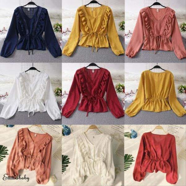 

ruffle lantern sleeve chiffon v womens shirt neck elastic waist loose tee casual blouse, White