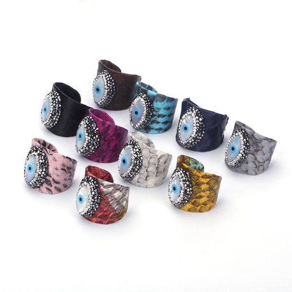 

luxury shell evil eye bead charm pave rhinestone pink black blue yellow snake leather adjustable open rings cuff women cluster, Golden;silver