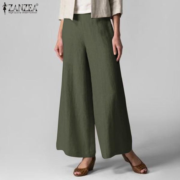 

women's pants & capris 2022 women wide leg solid ol office trousers autumn elastic wasit cotton linen pantalon casual palazzo streetw, Black;white