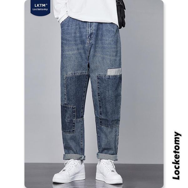 

men's jeans autumn and winter male ins loose straight wash design sense stitching beggar daddy pants, Blue