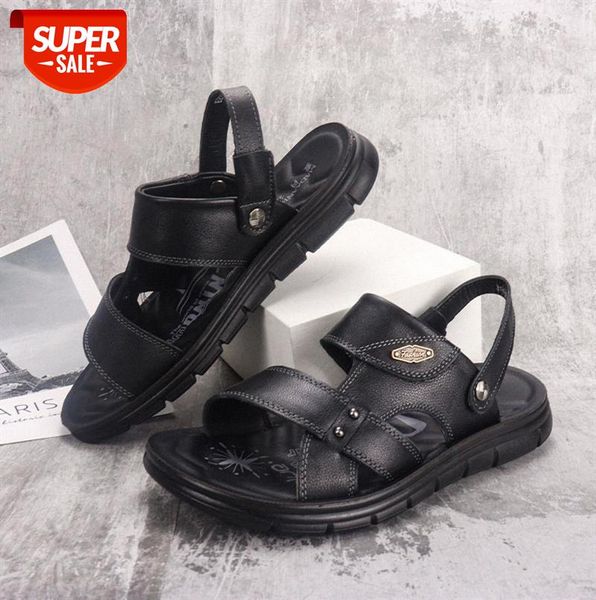 

first layer cowhide men's beach shoes leather black casual sandals #5n0o