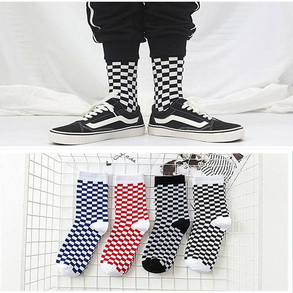 

men's socks fashion harajuku style street cotton hip hop skateboard men fun plaid checkerboard pattern meia, Black