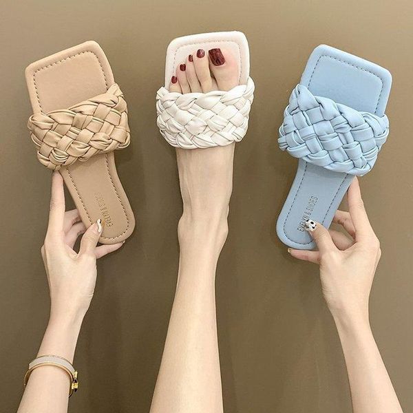 

summer 2021 braided slipper red women's flat flip-flops fashion versatile sandals wear slippers, Black