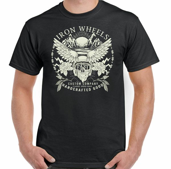 

Biker T-Shirt Motorbike Bike Custom Cafe Racer Iron Wheels Mens Rider, White;black