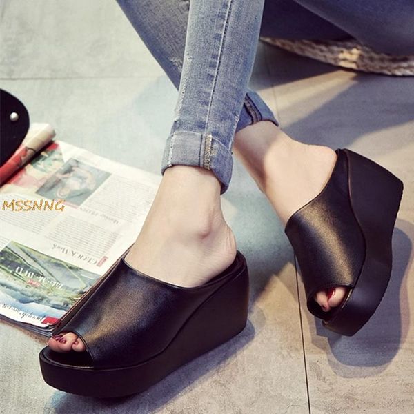 

slippers women summer solid wedges ladies shoes thick bottom peep toe leather super high heel comfortable, Black