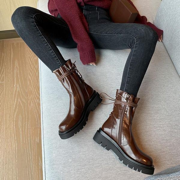 

boots mordoan genuine cow leather mid-heel women's shoes retro british style lace-up thick heel ankle women, Black