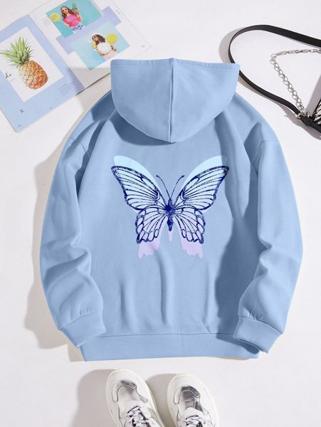 

butterfly print kangaroo pocket drawstring thermal hoodie b3zq#, White;black