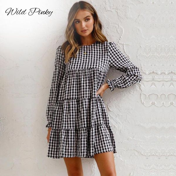 

casual dresses wildpinky spring autumn plaid dress robe for women 2021 long sleeve o-neck female sweet vintage party vestidos, Black;gray