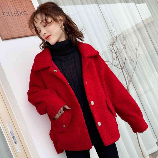

women's wool & blends kmetram faux fur coat autumn winter jacket korean lamb clothes 2021 fashion parka manteau femme hq190725, Black