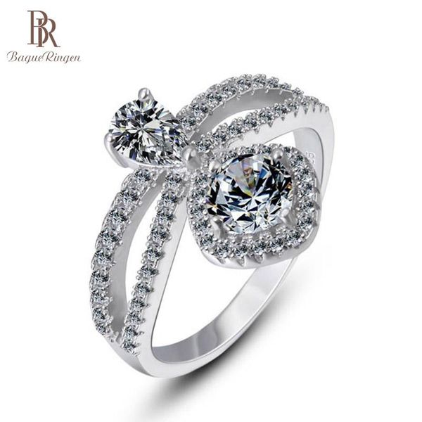 

cluster rings bague ringen sterling silver 925 jewelry diamond ring for women fashion geometry design female elegant bride wedding, Golden;silver