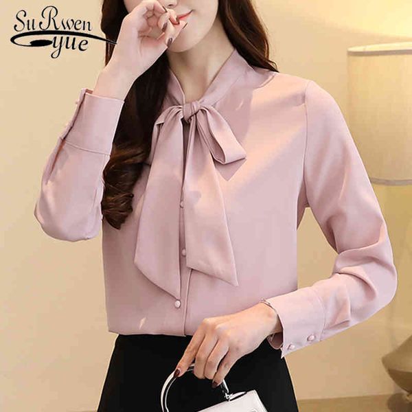 

korean fashion women blouse solid long sleeve bow chiffon white shirts ladies blusas femininas 1373 45 210427