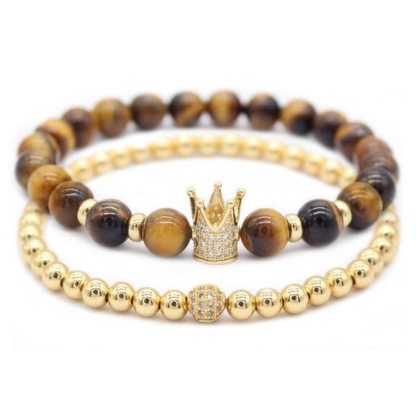 

beaded, strands poshfeel 2pc/set cz crown bracelets & bangles 8mm natural tiger eye stone beads bracelet set handmade jewelry pulsera mbr180, Black