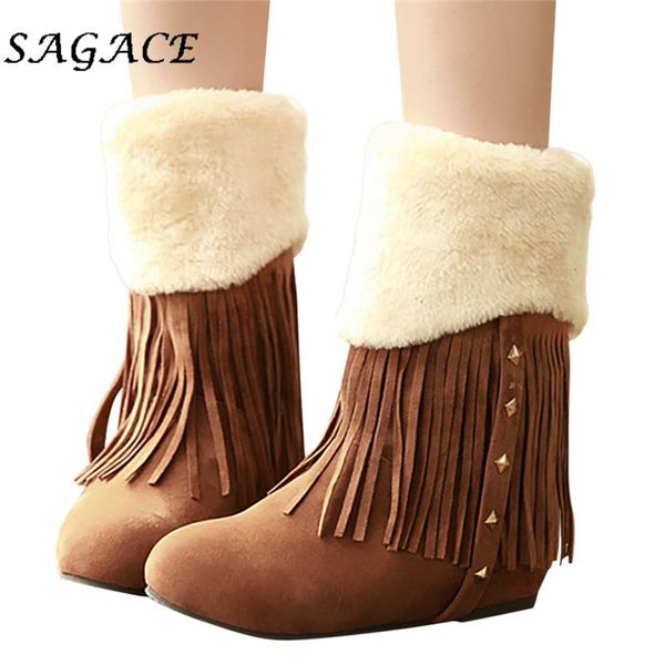 

boots sagace shoes ladies flock ankle flat tassel women round toe snow large size 2021 warm winter plush, Black