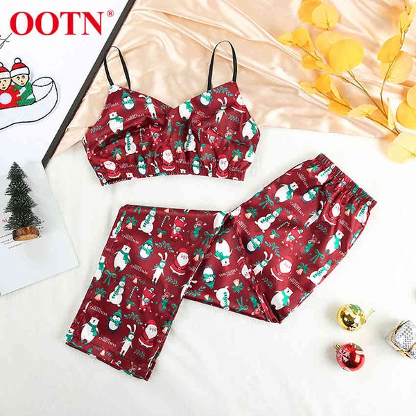 

ootn cartoon print satin pajamas women spaghetti strap tube and pants two piece sets casual female wine red homewear 210413, Black;red
