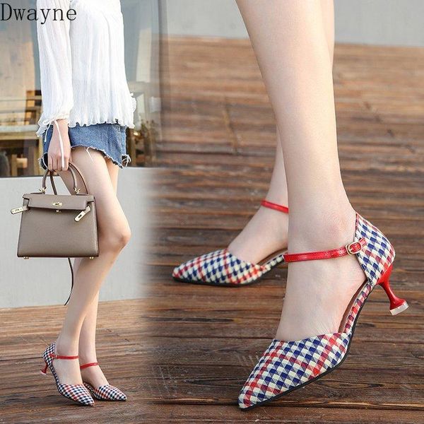 

dress shoes 2021 women's fashion color matching plaid cloth pointed word buckle with stiletto, Black