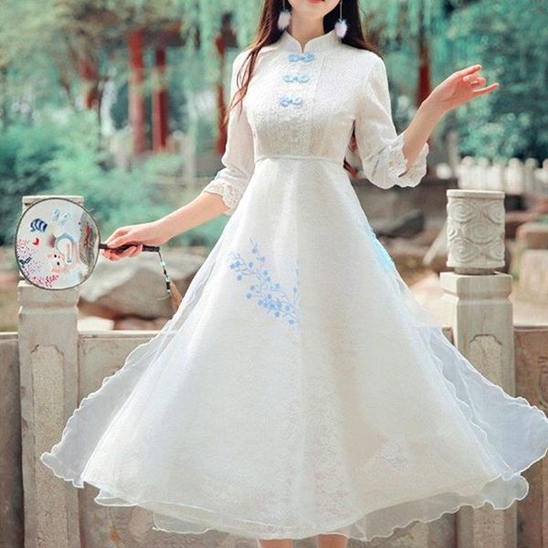

casual dresses chinese style retro literature and art lace embroidered fairy long thin cheongsam dress, Black;gray