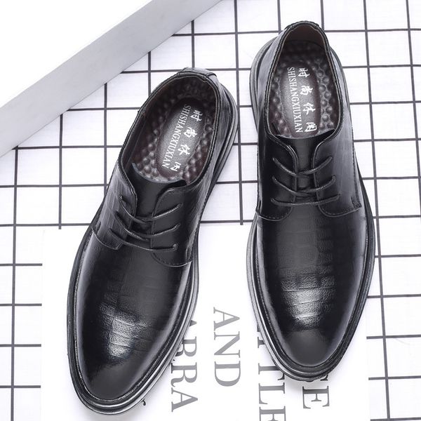 

men's formal leather sho busins casual comfortable lace up block soft soled fashion wedding men's single, Black