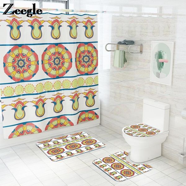 

waterproof shower curtain bathroom carpet rug printing bath mat set home decor u-shaped toilet and non-slip floor mats