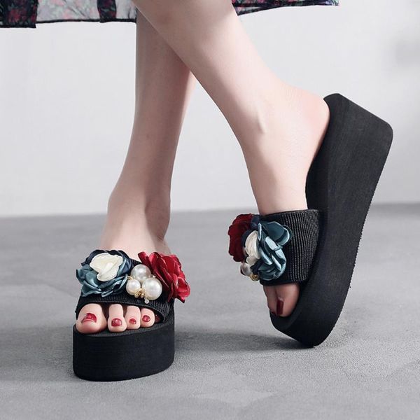 

slippers 2021 bohemia style flower women summer romantic beach casual platforms shoes outdoor high heel wedges slipper, Black
