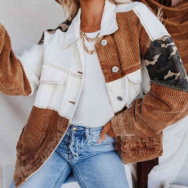 

women's corduroy denim camouflage et, lapel, retro, 2021, Black