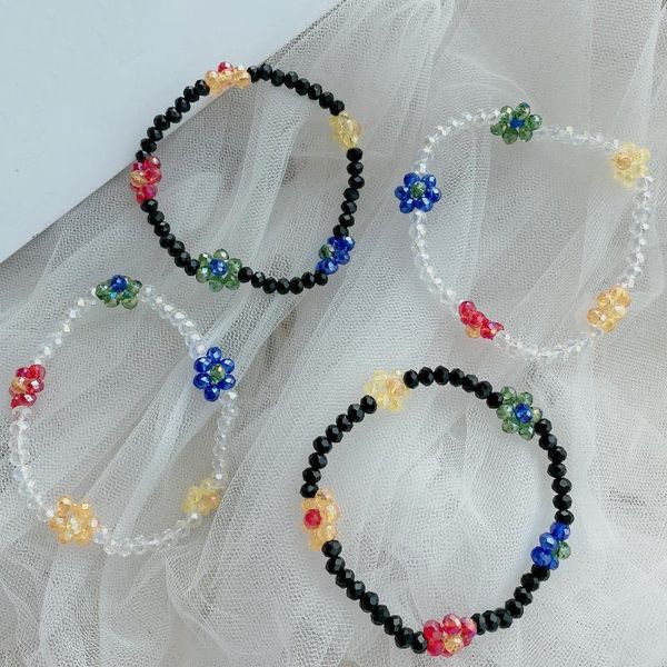 

charm bracelets trendy sweet colorful crystal flower bracelet handmade elastic wristband clear bead wristlet for women girls party jewelry, Golden;silver