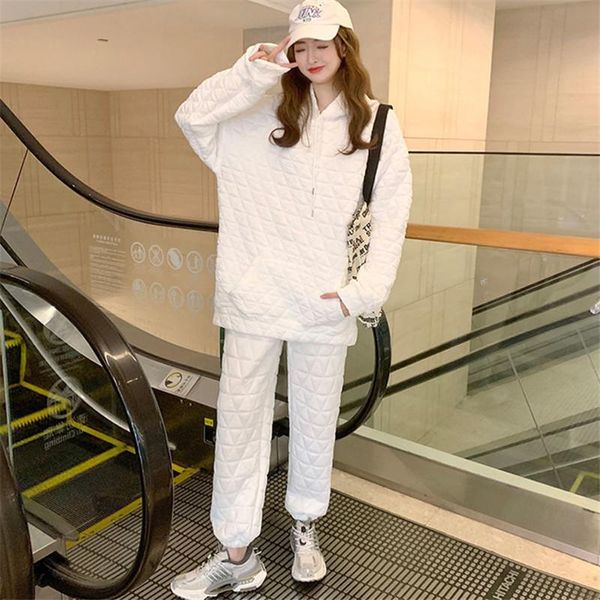

women's two piece pants autumn winter casual suit women hooded solid color pullover blouse + elastic waist loose commuter fashion two-p, White