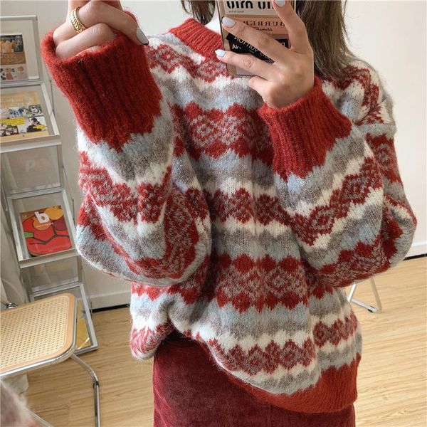 

women's sweaters autumn winter korean style retro snowflake pattern loose sweater christmas thickening pullover vintage, White;black