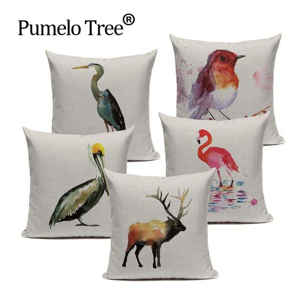 

cool cotton vintage water color bird milu flamingo capa 45cmx45cm square seat home decorative 3d pillow cover cushion/decorative