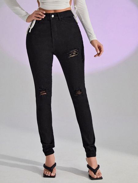 

high waist ripped skinny jeans 08hi#, Blue