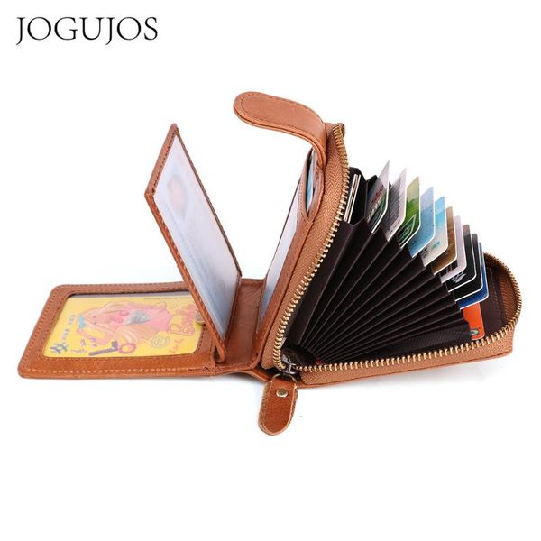 

card holders jogujos wallet for women id holder purse genuine leather men business cards rfid money case small coin bag 2021, Brown;gray