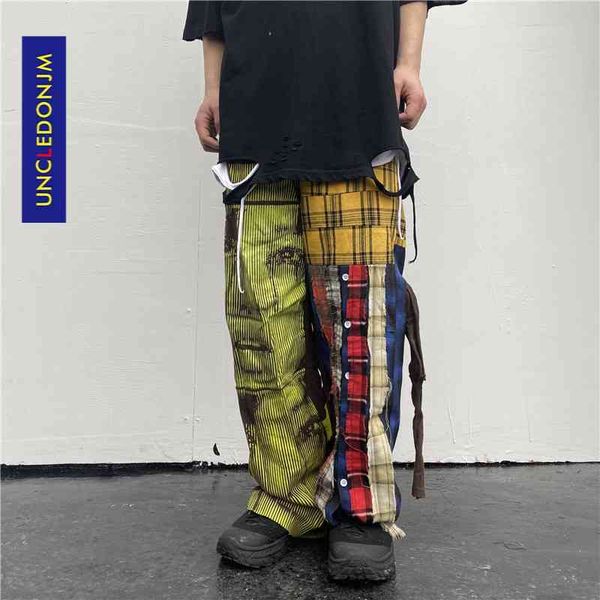 UNCLEDONJM Reticolo Patchwork Hip Hop Harajuku Pantaloni Casual High Street Design Ins Moda Uomo Pantaloni T2-A002 210406