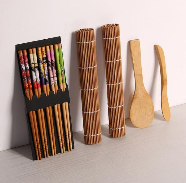 Werkzeuge zur Sushi-Herstellung, Bambus-Sushi-Set, einschließlich 2 Rollmatten, 1 Paddel, 1 Streuer, 5 Paar Essstäbchen SN5723