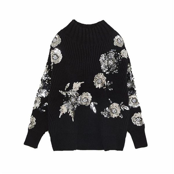 

women's sweaters [ewq]2021 knitted women autumn spring loose pullover knitting heavy work beads flower pattern thick warm sweater qz28, White;black