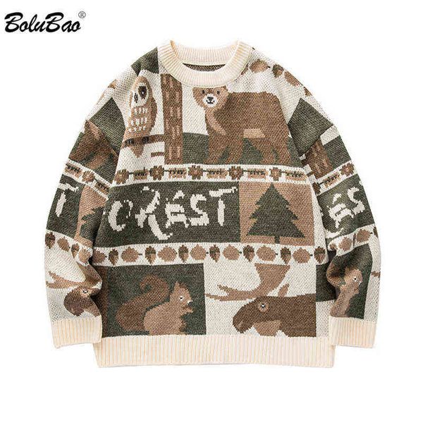 

bolubao christmas jumper korean sweater men knitted bear pattern block oversized couples casual pullovers sweaters male 211109, White;black