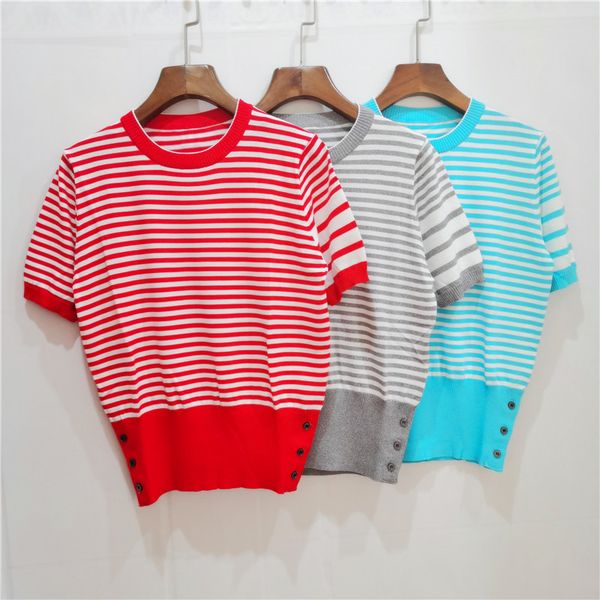 

summer new tb academic classic stripe four bar ice silk thin sweater women's top, White