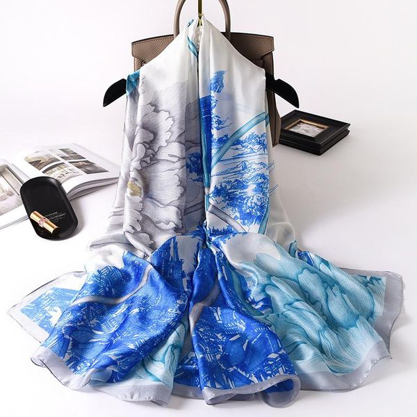 

scarves brand designer silk scarf foulard bandana long lrage shawls wrpas winter neck pashmina lady hijab 2021, Blue;gray