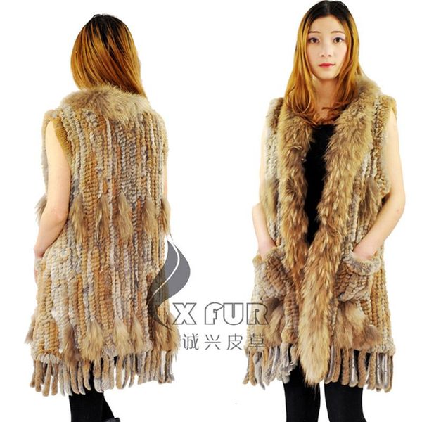 

women's vests cx-g-b-120 real fur fashion vest with raccoon collar, Black;white