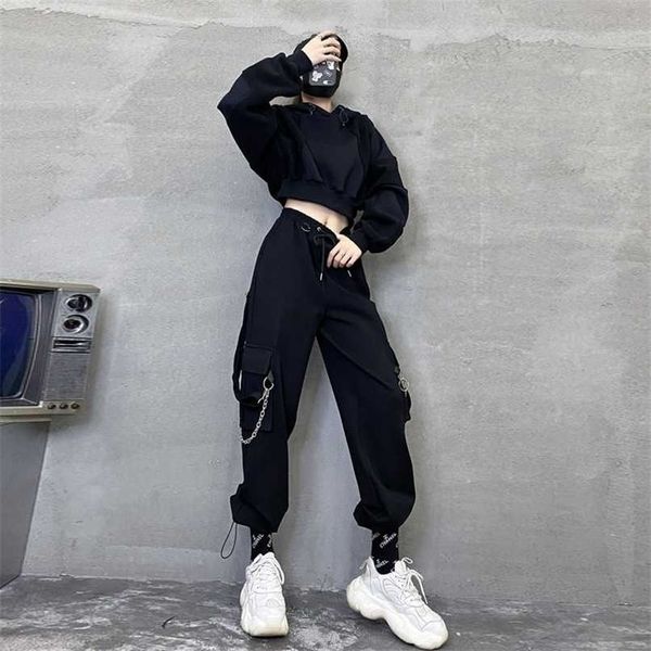 Qwek Punk Carga Oversized Pant Gothic Streetwear Corrente Preto Harajuku Hippie Coreano Street Estilo Calças Hip Hop 211216