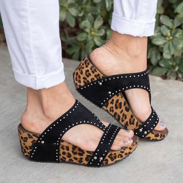 

slippers 2021 women's leopard summer ladies beach office casual shoes rivet rome platform outdoor med heel wedges mujer slides, Black
