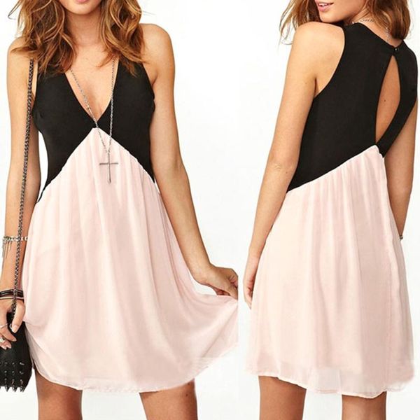 

casual dresses summer short dress women back hollow sleeveless deep v-neck stitching chiffon tank vest vestidos plus size, Black;gray