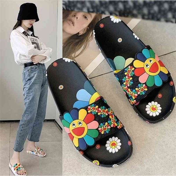 

women slippers flower print slides shoes summer sandals female pu cute girls comfort casual flats candy color ladies 210310, Black