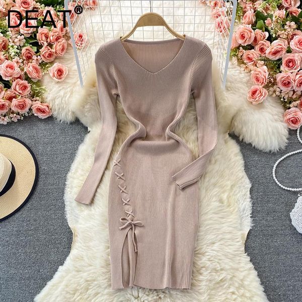 

casual dresses deat women split knitted stretch dress v-neck long sleeve arrivals lady temperament fashion autumn winter 2021 11d3122, Black;gray