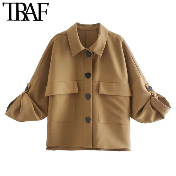 

traf women fashion with pocket oversized asymmet jacket coat vintage long adjustable sleeves female outerwear chic 210415, Black;brown