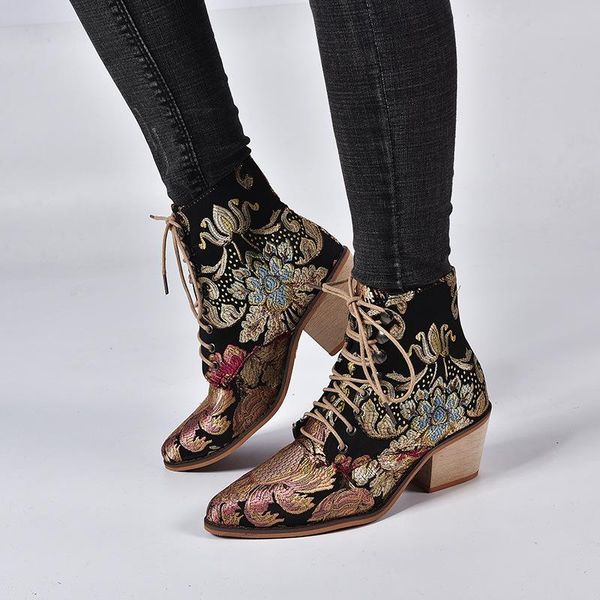 

boots women ankle autumn winter lace up embroidery ladies shoes high heels pointed toe punk vintage big size, Black