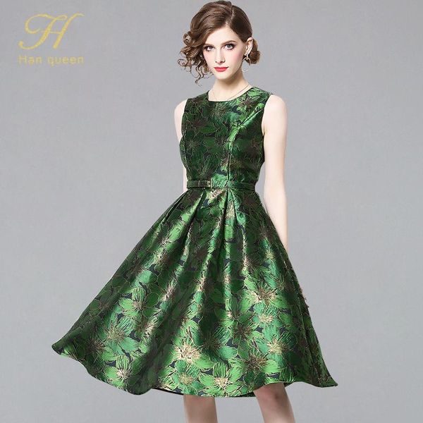 

casual dresses h han queen arrival 2021 spring vintage sleeveless jacquard dress slim a-line party o-neck knee-length vestidos, Black;gray